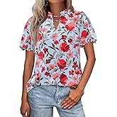 MASCOMODA Boho Short Sleeve Floral Work Blouses for Women Dressy Casual V Neck Puff Sleeve Loose Chiffon Flowy Tops Shirts