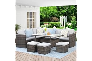 Wisteria Lane Outdoor Patio Furniture Set, 7 Piece Wicker Rattan Outdoor Dining Set with Dining Table and Ottomans, Patio Table and Chairs Set, Outdoor Sectional, Grey