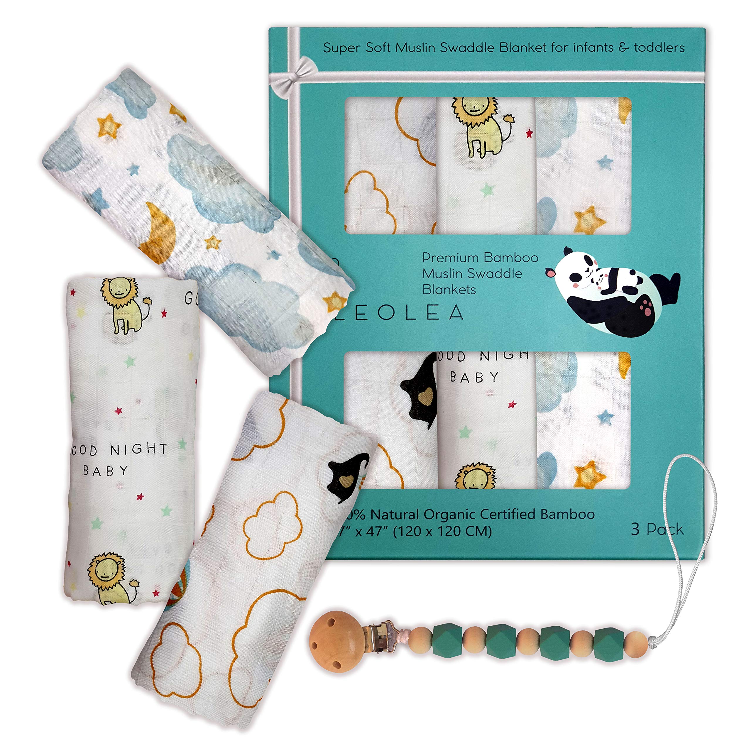 100% Organic Bamboo Muslin Muslins, 3 Muslin Blankets, 120 x 120 cm, Baby Blanket for Cot, Stroller, Baby Carrier, Soft and Safe, for All Seasons Plus Free Dummy Holder Leolea
