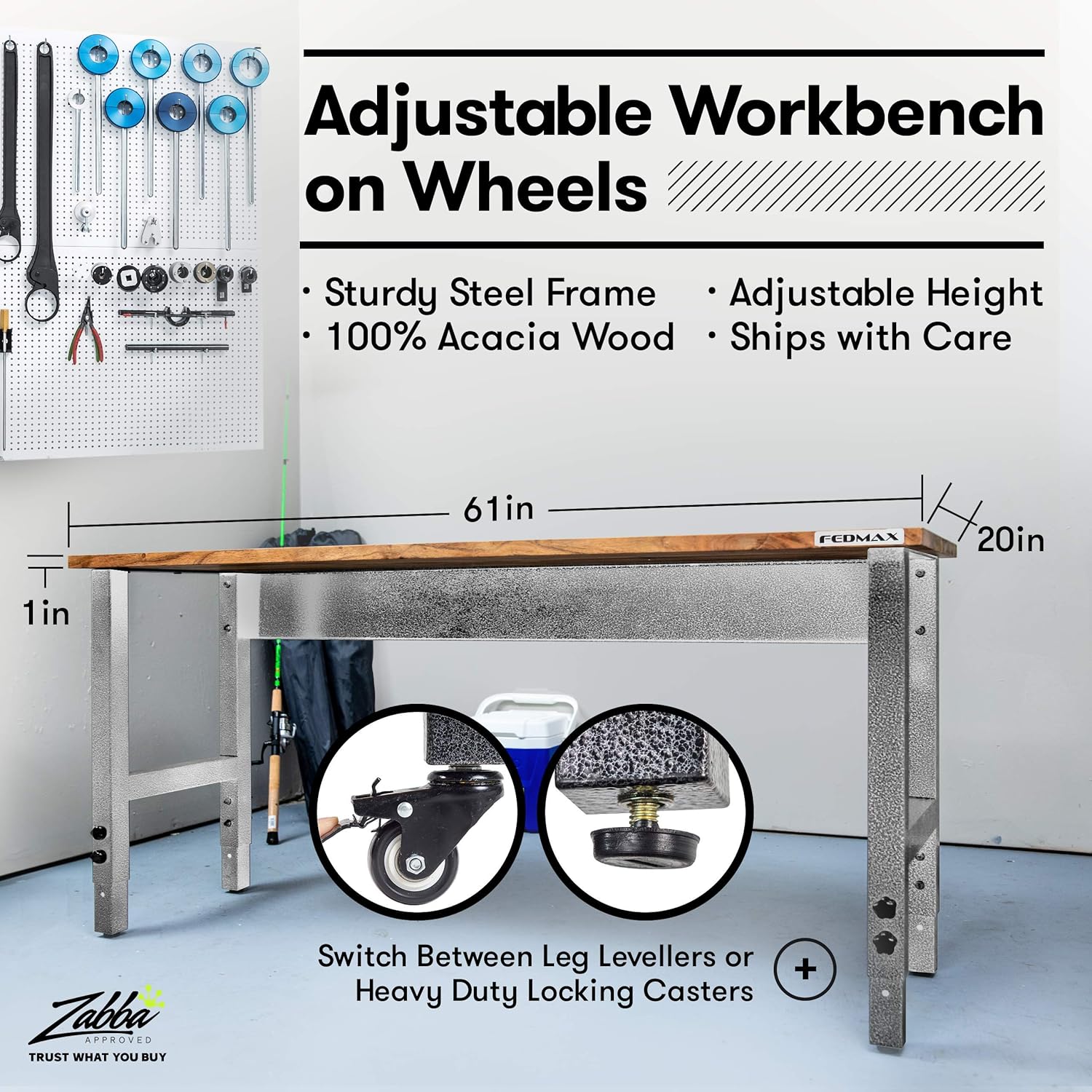 Fedmax Work Bench – Acacia Wood Garage Workbench w/Casters – Tool Table w/Adjustable Height Legs – Benches for Home Improvement: Home Improvement