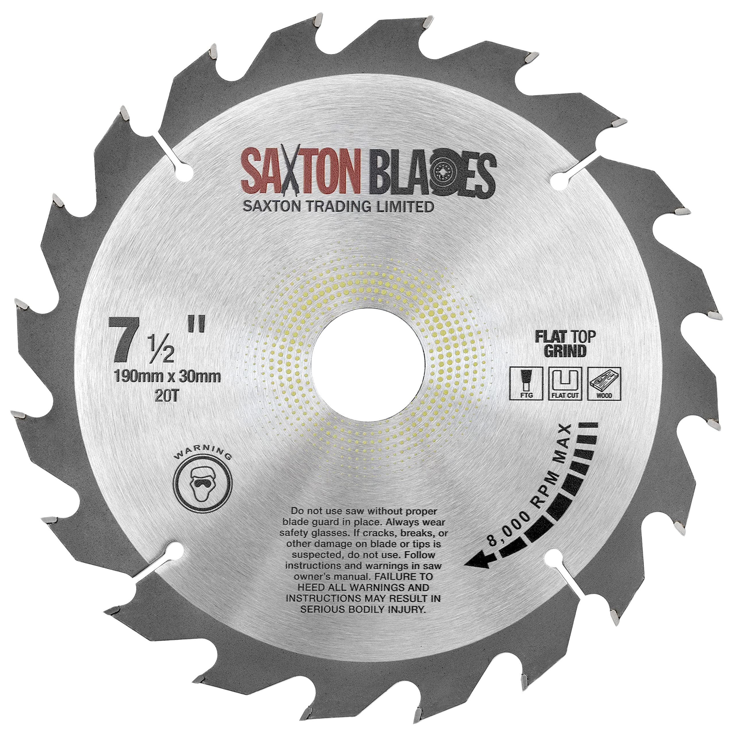 Saxton Flat Top TCT Circular Saw Blade 190mm x 20T x 30mm Bore + rings fits Bosch Makita etc