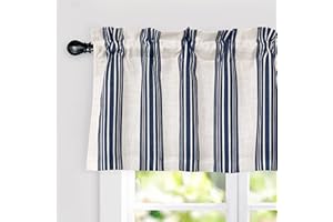 Driftaway Chris Linen Lined Valance Double Layer Thermal Insulated Room Darkening Blackout Window Valances 3 Inch Rod Pocket Vertical Striped Kitchen Valance for Bathroom 52 by 18 Inch Ivory Dark Blue