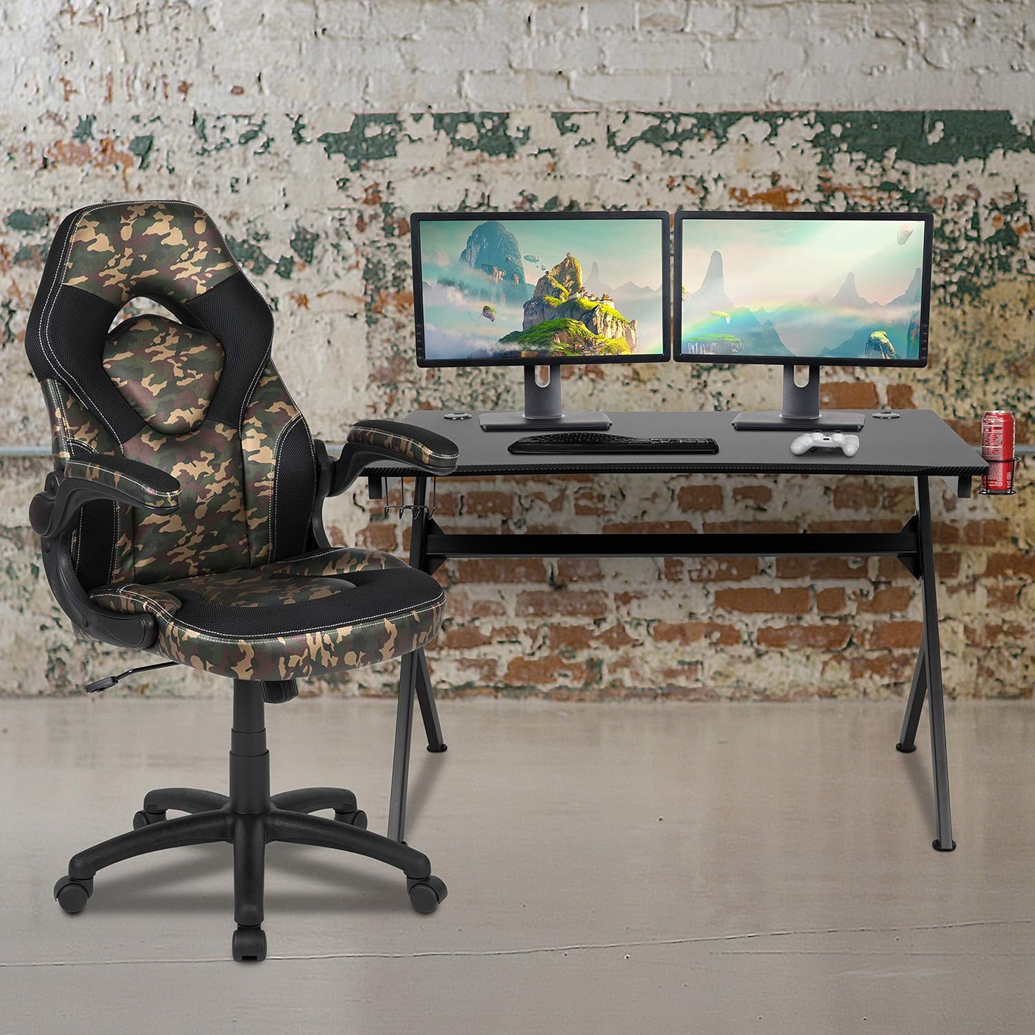 Flash Furniture Black Gaming Desk and Camouflage/Black Racing Chair Set with Cup Holder, Headphone Hook & 2 Wire Management Holes