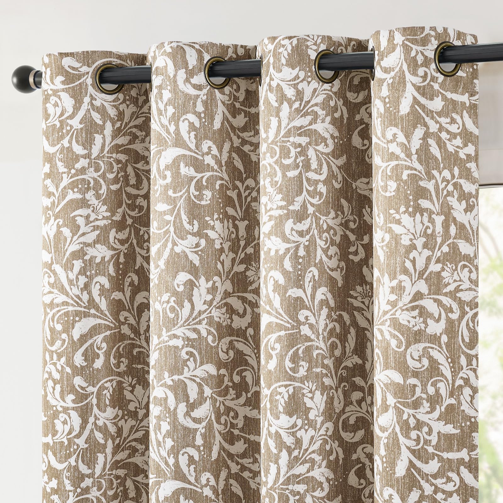 Photo 1 of JINCHAN 100% Blackout Curtains for Bedroom, Taupe Scroll Floral Patterned Curtains 90 Inch Length for Living Room, Farmhouse Vintage Art Deco Drapes, Thermal Insulated Window Curtains Grommet 2 Panels