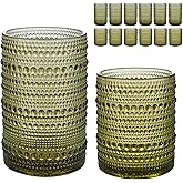 HomeVogue Vintage Hobnail Drinking Glasses Set of 12, 15 oz Highball Glasses & 12 oz Cocktail Glasses Set, Green Kitchen Water Glasses Cup, Bar Tumbler Glassware Set for Beer, Juice, Whiskey, Milk