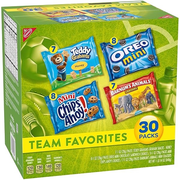 NABISCO TEAM FAVORITES VARIETY PACK, OREO MINI, CHIPS AHOY! MINI, TEDDY GRAHAMS HONEY & BARNUM’S ANIMAL CRACKERS, 30 SNACK PACKS