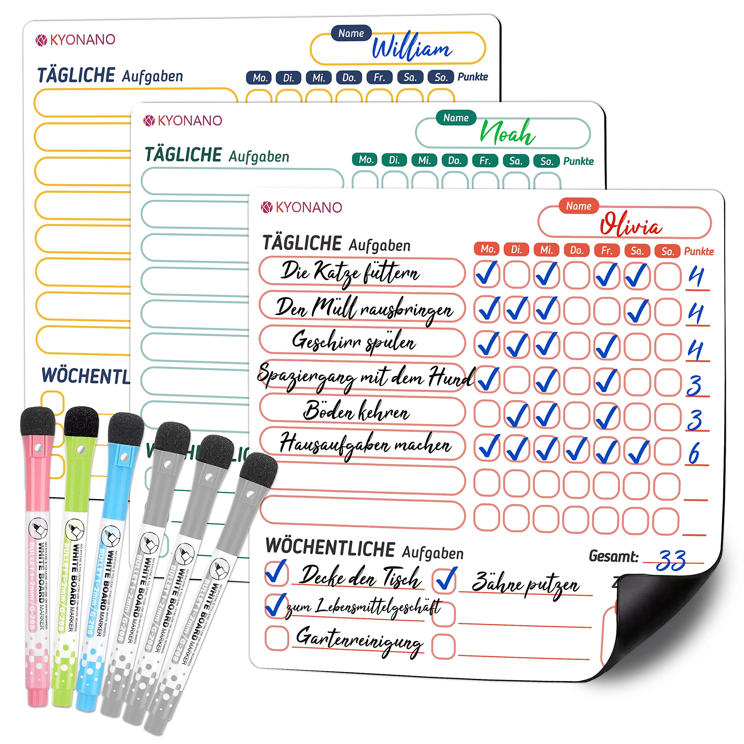 Kyonano Reward Board for Children, Magnetic Weekly Planner Wipe Clean, Family Planner with 6 Pens, Whiteboard for Fridge, Magnetic Board for Children to Learn Responsibility & Clean Training