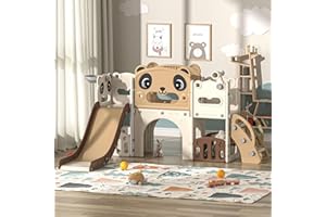 NYEEKOY 9 in 1 Toddler Slide and Climber Playset Indoor Outdoor Kids Slide with Basketball Hoop,Telescope and Storage Space, Freestanding Backyard Playground for Children Age 1-6