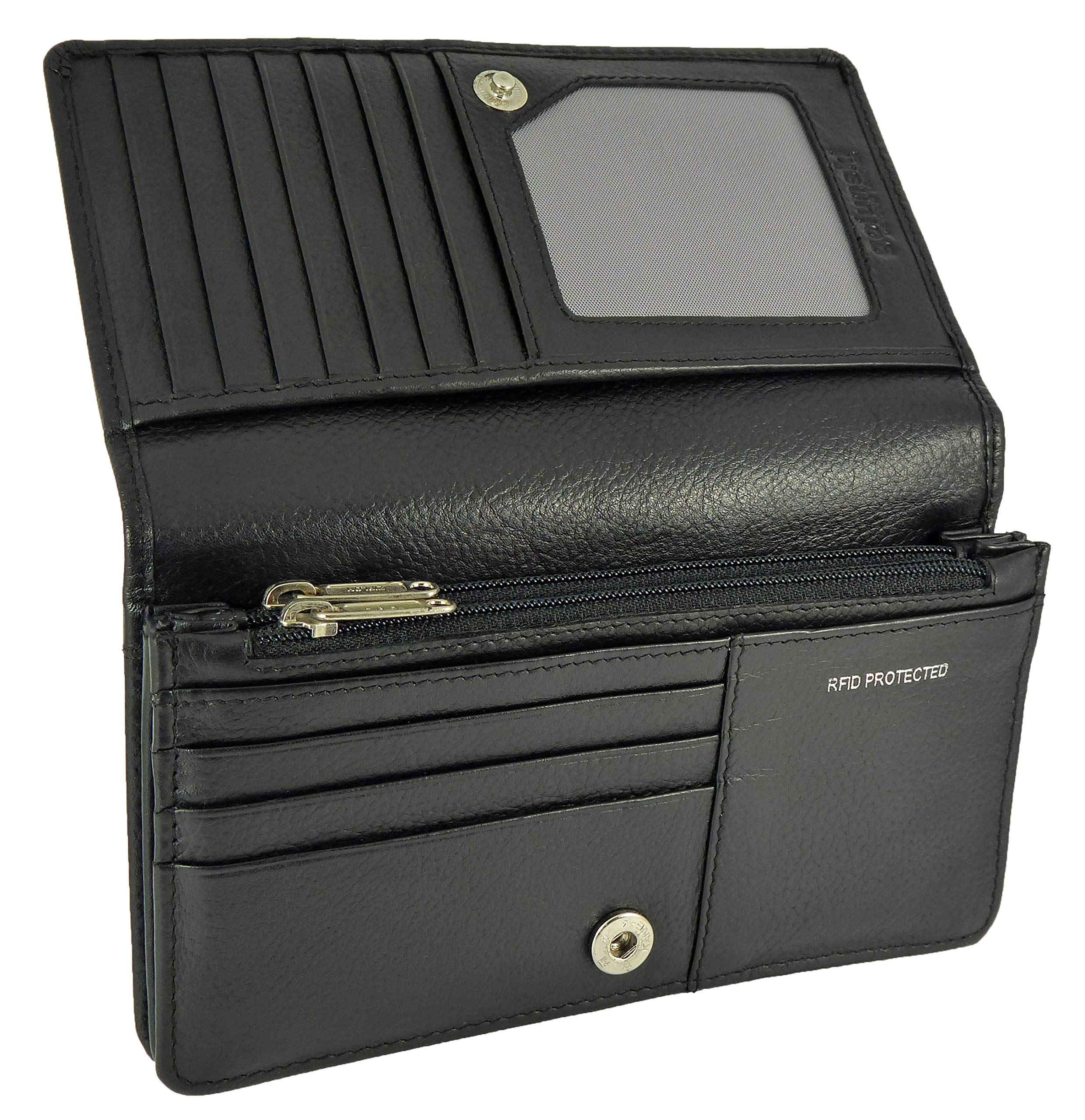 Ladies RFID Leather Flapover Matinee Organiser Purse for 14 Cards, Notes/Coins (Black)