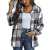 Traleubie Women's Flannel Jacket Plaid Shacket Lapel Button Down Long Sleeve Shirt Color Block Casual Coat