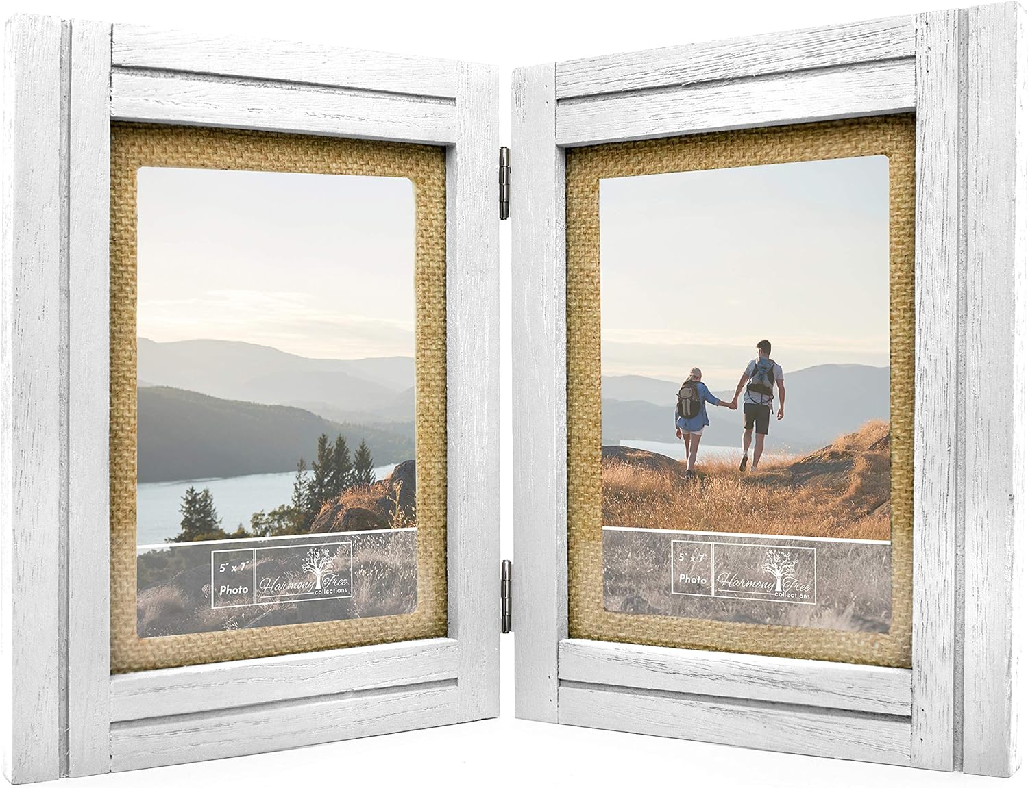 5x7 Rustic Picture Frames - Burlap Mat - Distressed Wood Farmhouse Decor - Hinged Double Frame - Vertical Photos - Brackets for Hanging on Wall or Stand on Table Top or Desk - White Frame