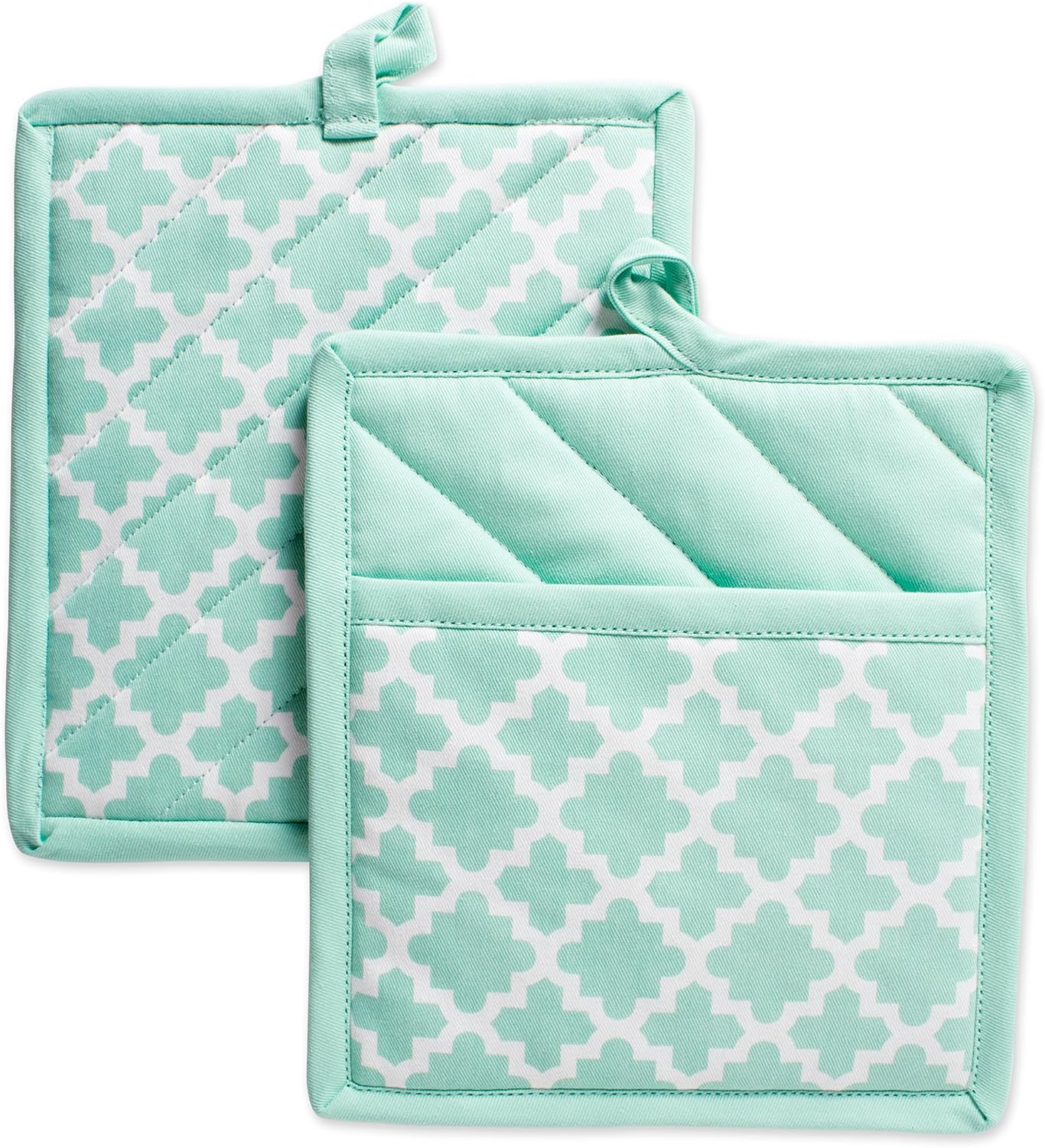 DII Cotton Lattice Pot Holders, 9 x 8" Set of 2, Machine Washable and Heat Resistant Hot Pad for Everyday Kitchen Cooking & Baking-Aqua