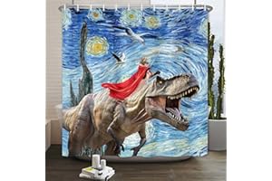 Dtekoj Funny Cat Dinosaur Kids Shower Curtain, Hilariou Cool Cat Ride Dinosaur Boy Kids Bathroom Shower Curtain, Blue Fabric Bathroom Decor Shower Curtain with 12 Hook, 47X64IN