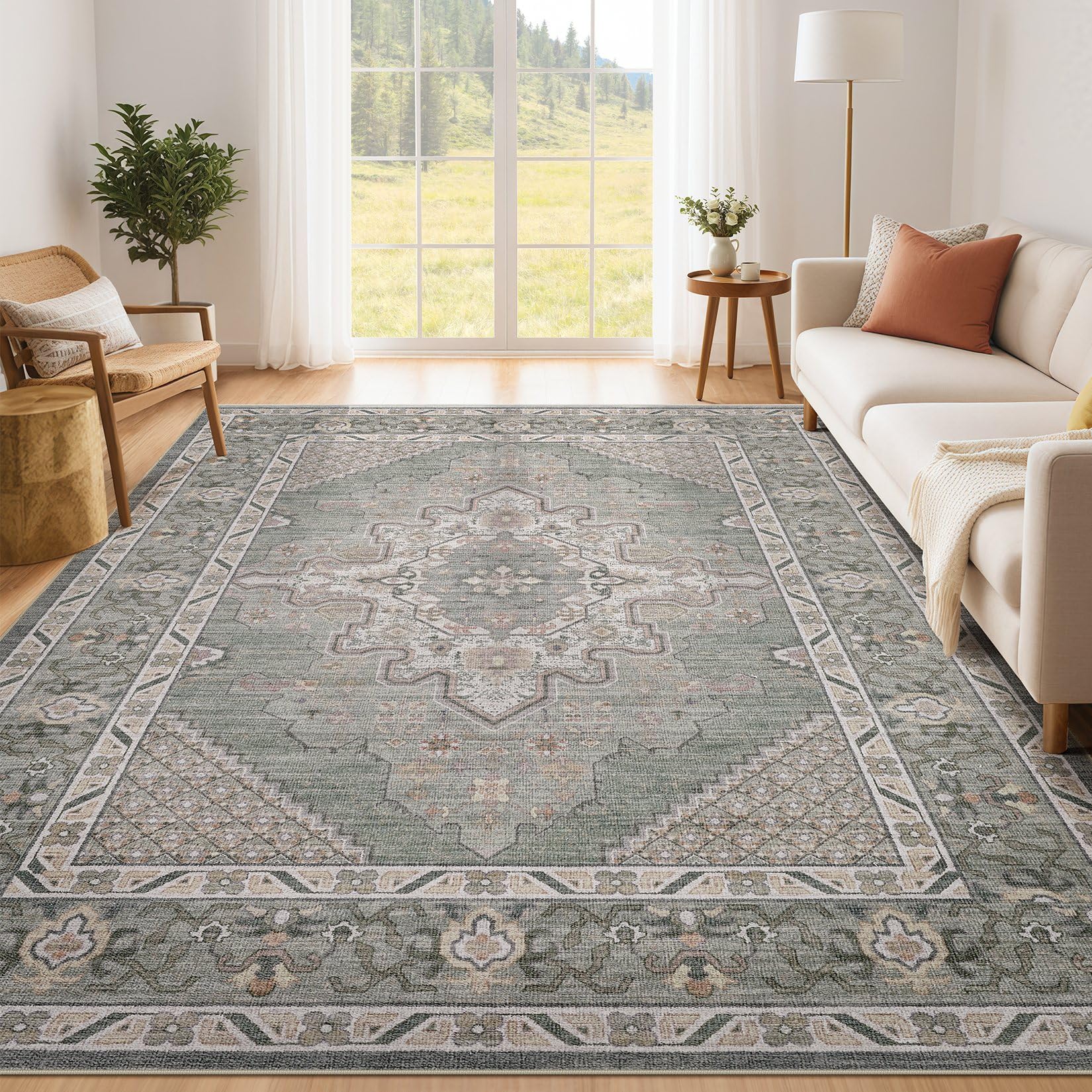 Tortania Area Rug Living Room Rugs - 6x9 Washable Boho Rug Vintage Oriental Distressed Farmhouse Large Thin Indoor Carpet for Living Room Bedroom Under Dining Table Home Office - Green Gray Image