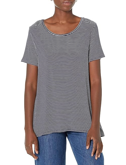 Amazon Essentials Women's Relaxed-Fit Short-Sleeve Scoopneck Swing T-shirt (Available in Plus Size), Navy White Stripe, Large