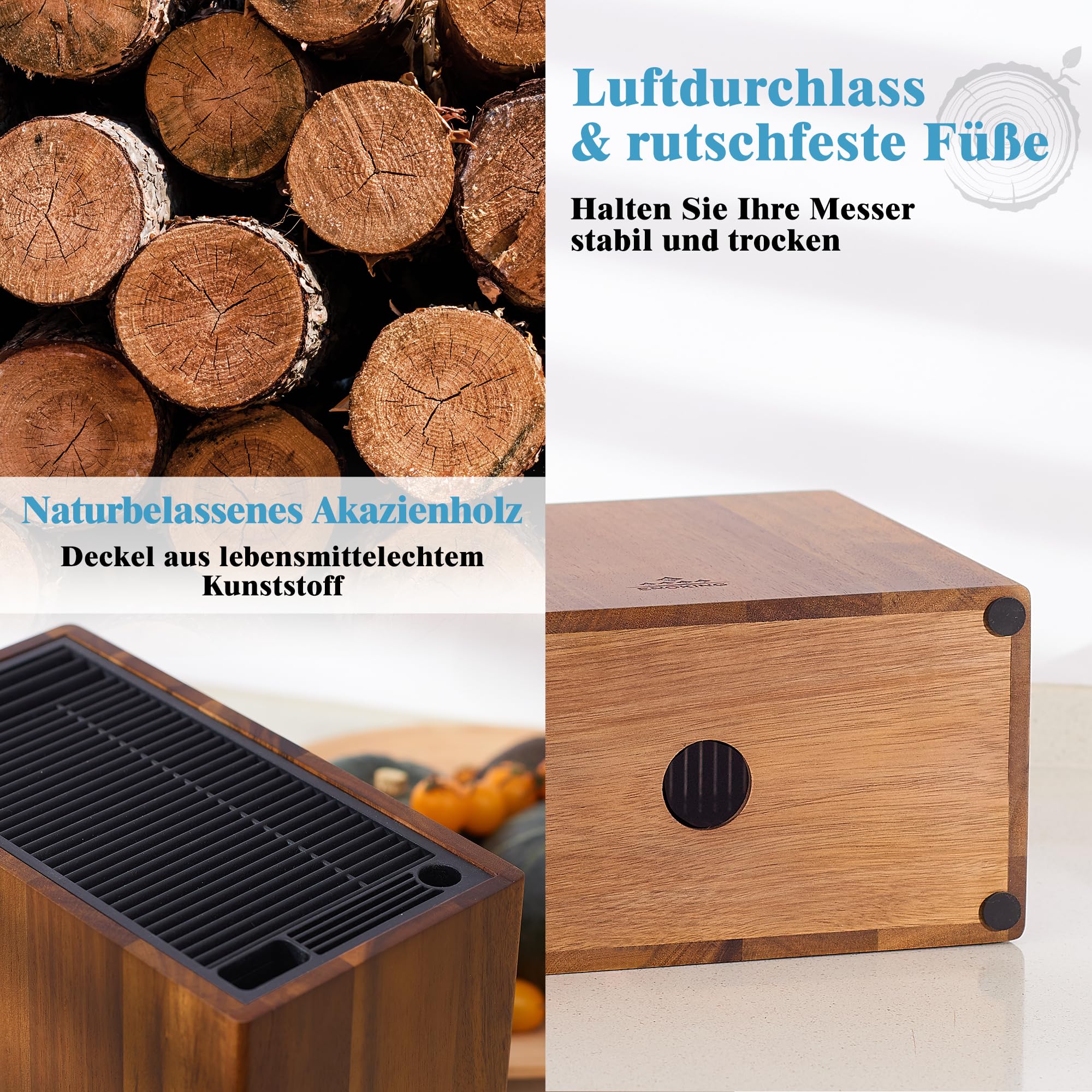 ENOKING Messerblock ohne Messer aus Akazienholz, Universal Messerblock mit Kunststoffdeckel, Hochwertiges Messerhalter für Messer und Geflügelschere/Wetzstahl 4