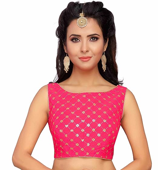 Women's Pink Embroidered Sleeveless Saree Blouse With Boat Neck