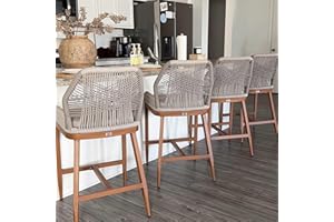PURPLE LEAF Counter Height Bar Stools Set of 4 Rattan Chair Boho Wicker Metal Counter Stools with Back and Footrest Patio Seating Modern Garden Pool Outdoor Barstools