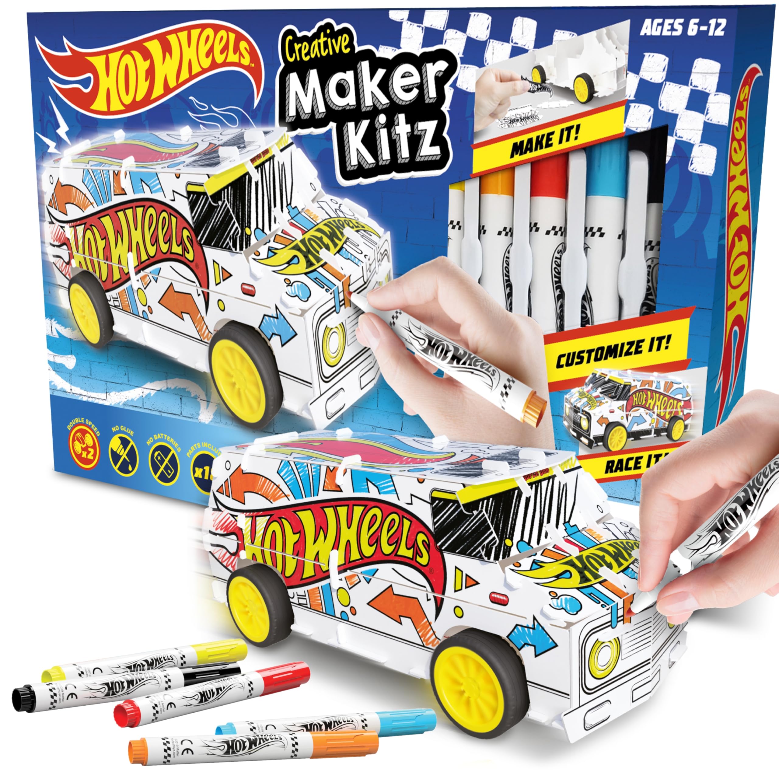 BLADEZ Hot Wheels Custom Super Van, DIY Van, Make Your Own/Build Your Own, Pull Back Vehicle for Kids, Customisable with pens and Stickers, Creative Maker Kitz Toyz