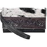 Merbaa Handtooled Genuine Cowhide Leather Clutch Wallet for Women - Western Tooled Design, Multiple Card Slots, Bifold Wristlet, Black & White Hair-On Hide, Gifts for Women