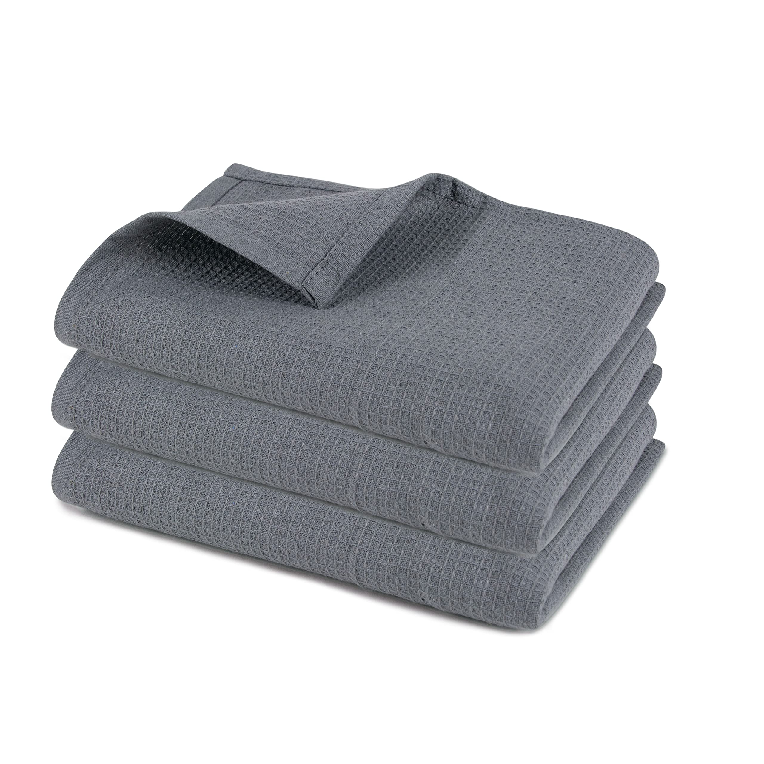 Pagnanno Set of 3 Tea Towels and Waffle Weave Hotel Quality Professional Cotton Tea Towels 45 x 70 cm | Absorbent - Quick Dry - Kitchen & Bar Tea Towels (45 x 70 cm), Waffle - Grey