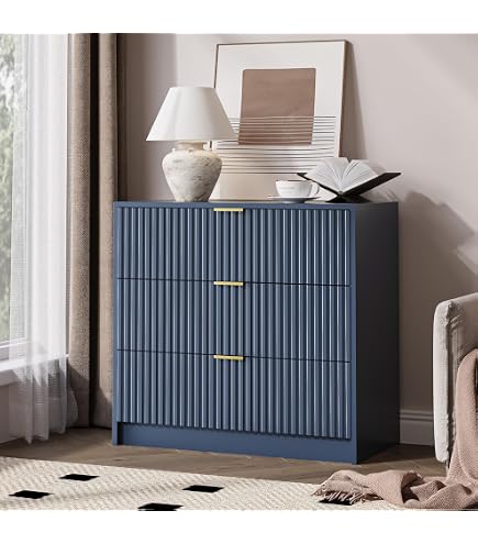Furniway Navy Blue Dresser for Bedroom, Modern Dresser with 3 Drawers and Smooth Slides, Wide Chest of Drawers with Golden Handles for Bedroom, Living Room, Closet, 15.7