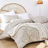 JANZAA 3 Pieces Duvet Covers Queen Size Floral Duvet Cover White Botanical Printed on Oatmeal Duvet Cover Soft Bed Cover with