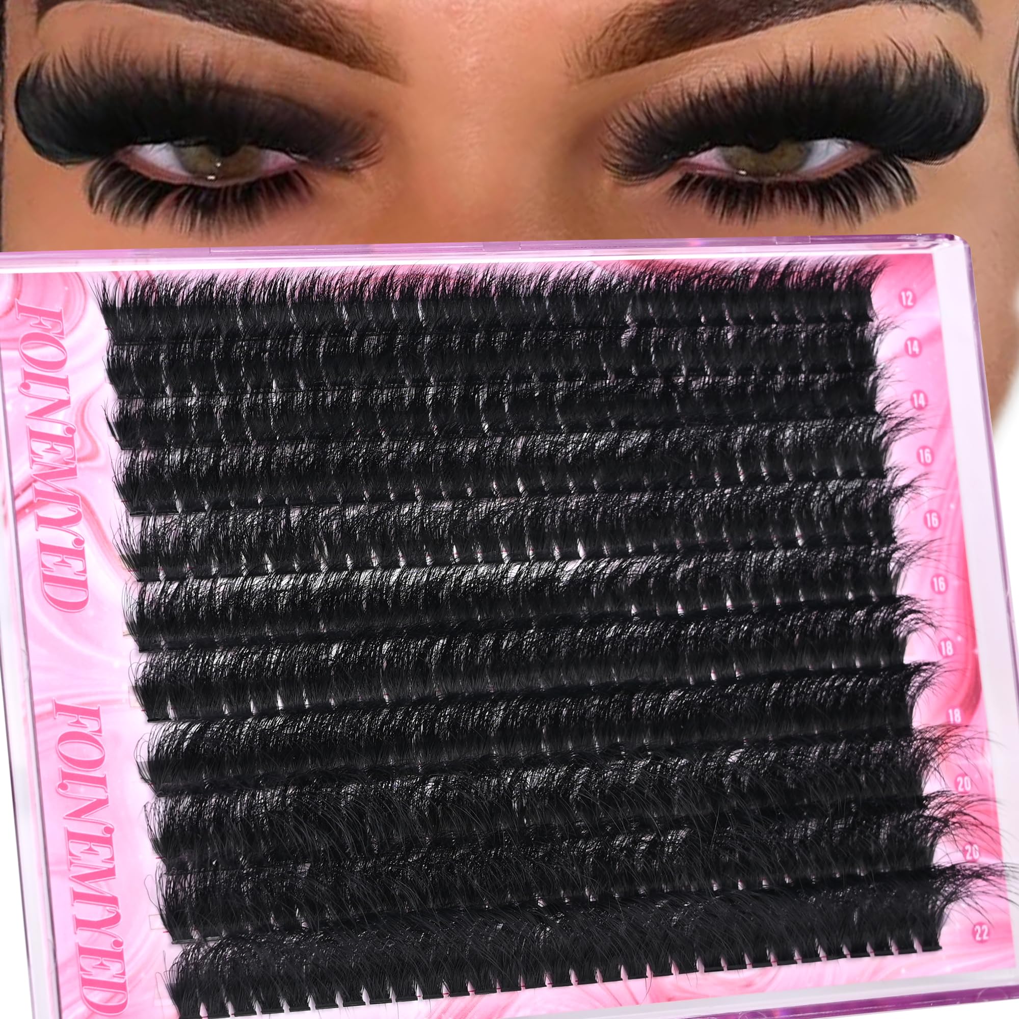 Photo 1 of Lash Clusters 330Pcs Cluster 200D Mega Volume Eyelash Extensions 12-22MM Individual Lashes D Curl Thick Lash Extensions DIY at Home by FOINEMYED