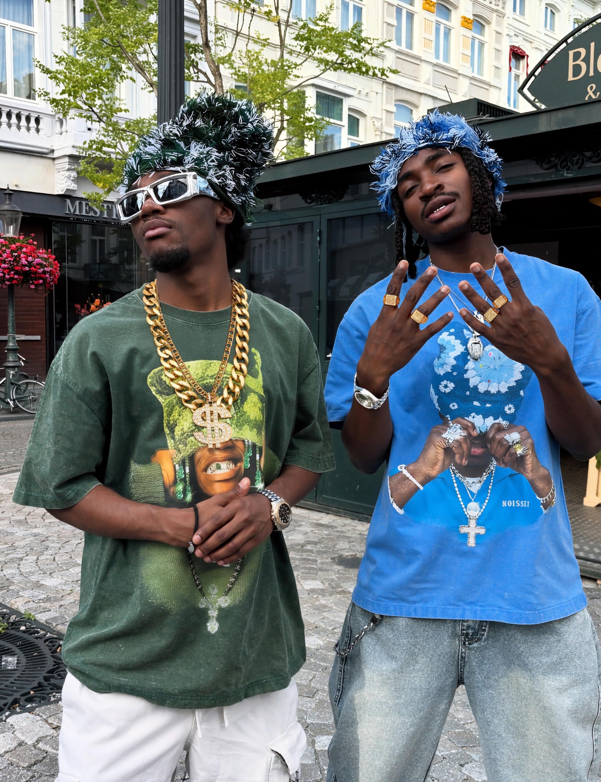 FIBO STEEL 80s 90s Accessories Outfit for Men Women Hip Hop Costumes Outfit Fake Gold Chains Dollar Sign Necklaces and Kanji Blessing Lucky Rings Set 80s 90s Party Jewelry