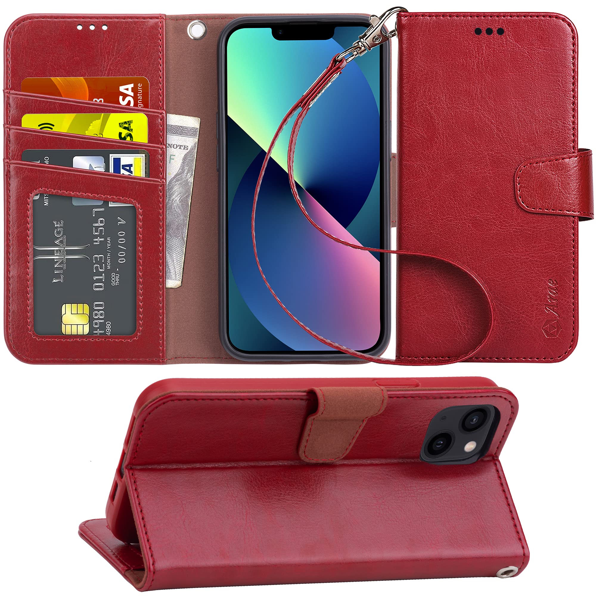 Arae Compatible with iPhone 13 Wallet Case with Card Holder and Wrist Strap Wallet Flip Cover for iPhone 13 6.1 inch-Wine Red