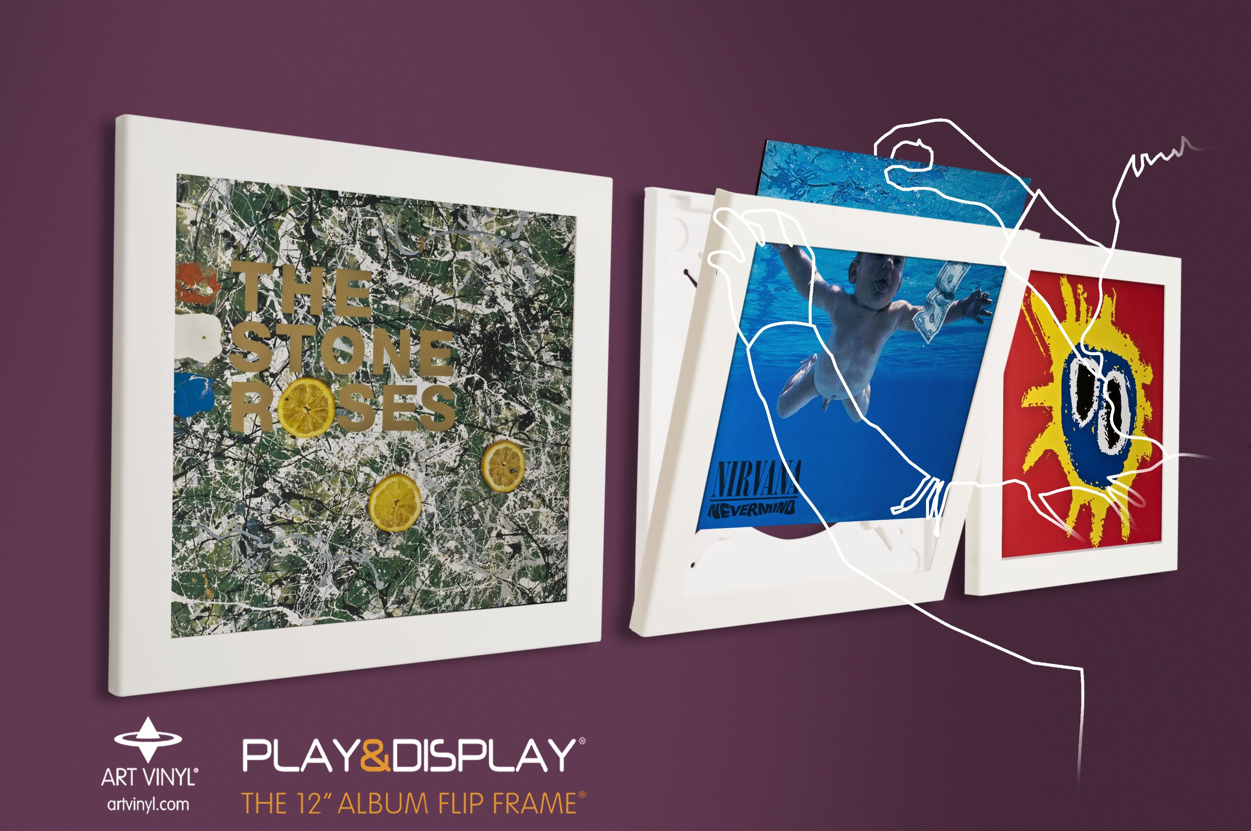 PLAY AND DISPLAY Art Vinyl Record Frame 3 Pack, Holds Single or 1–3 LPs/Double LP Gatefold Sleeve | 15" x 15" White Flip Frames with UV Protection and Scratch-Resistant Acrylic, Easy Wall Mount — image 1