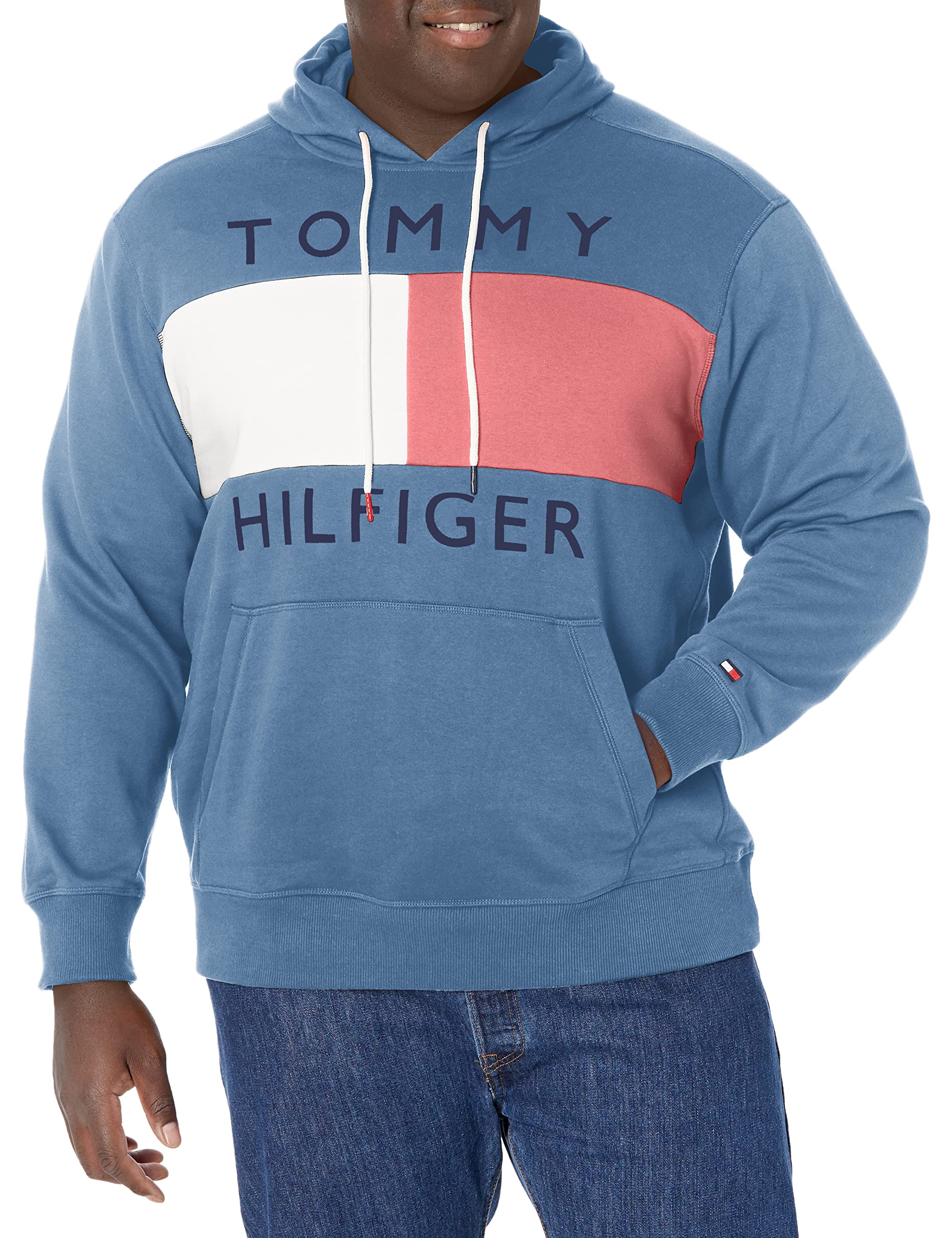 Tommy Hilfiger Mens Long Sleeve Fleece Flag Pullover Hoodie Sweatshirt, North Sky Blue, Medium US Image