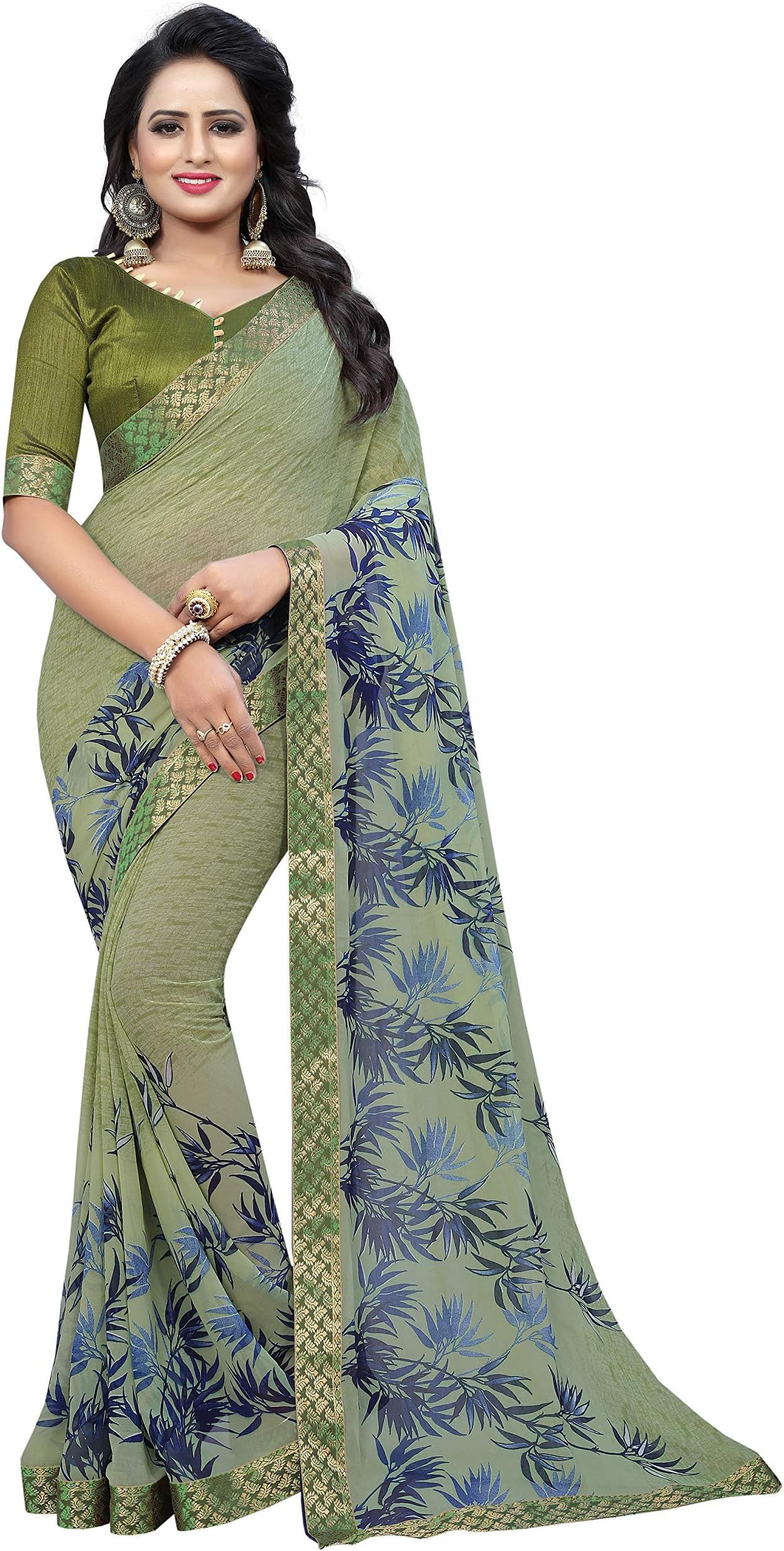 Hinayat FashionWomen's Chiffon Saree With Blouse Piece (HNT01SRI533_Green)