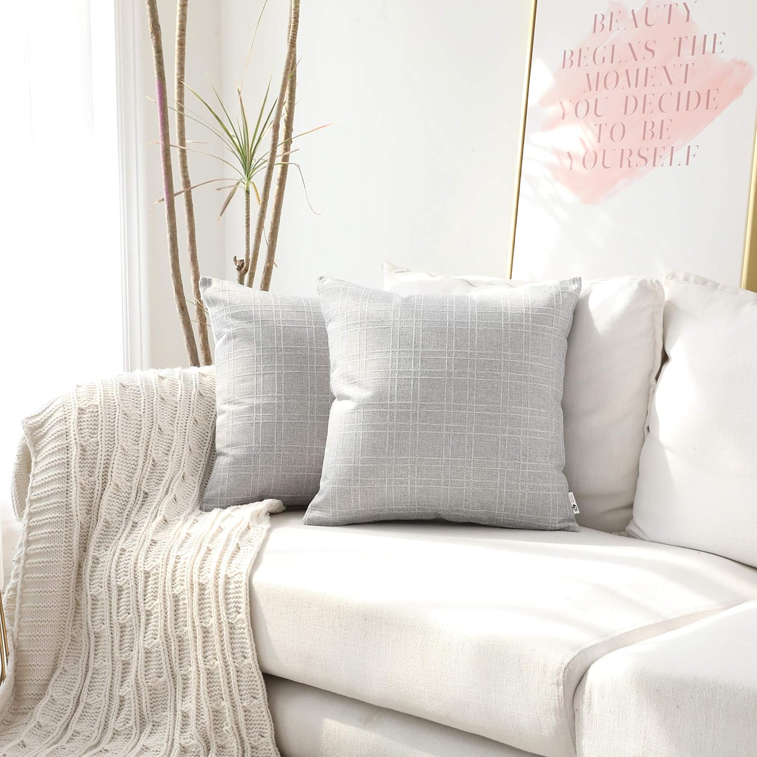 Kevin Textile Decorative Classic Retro Checkered Pillow Covers Plaids Simple Style Cushion Case Linen Square Throw Pillowcase for Sofa Car Bed, Set of 2, 20 x 20 Inch, Glacier Grey