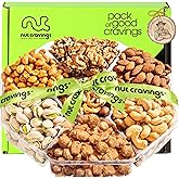 NUT CRAVINGS - Purim Mishloach Manot Mixed Nuts Gift Basket + Green Ribbon (7 Assortments, 1 LB) Treats for Adults, Food Arrangement, Healthy Snack Care Package, Kosher