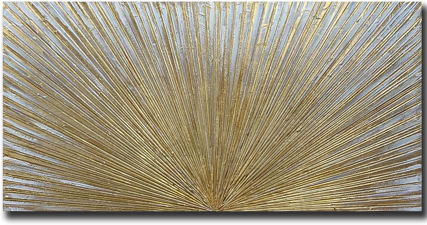 Paintings - AZAVY Art,24x48Inch Textured Hand-Painted Golden Liens Ray Oil Painting on Canvas Simple Style Artwork Modern Abstract Canvas Painting Gold Starburst Wall Art Oil Hand Painting Wood Inside Framed Ready to Hang