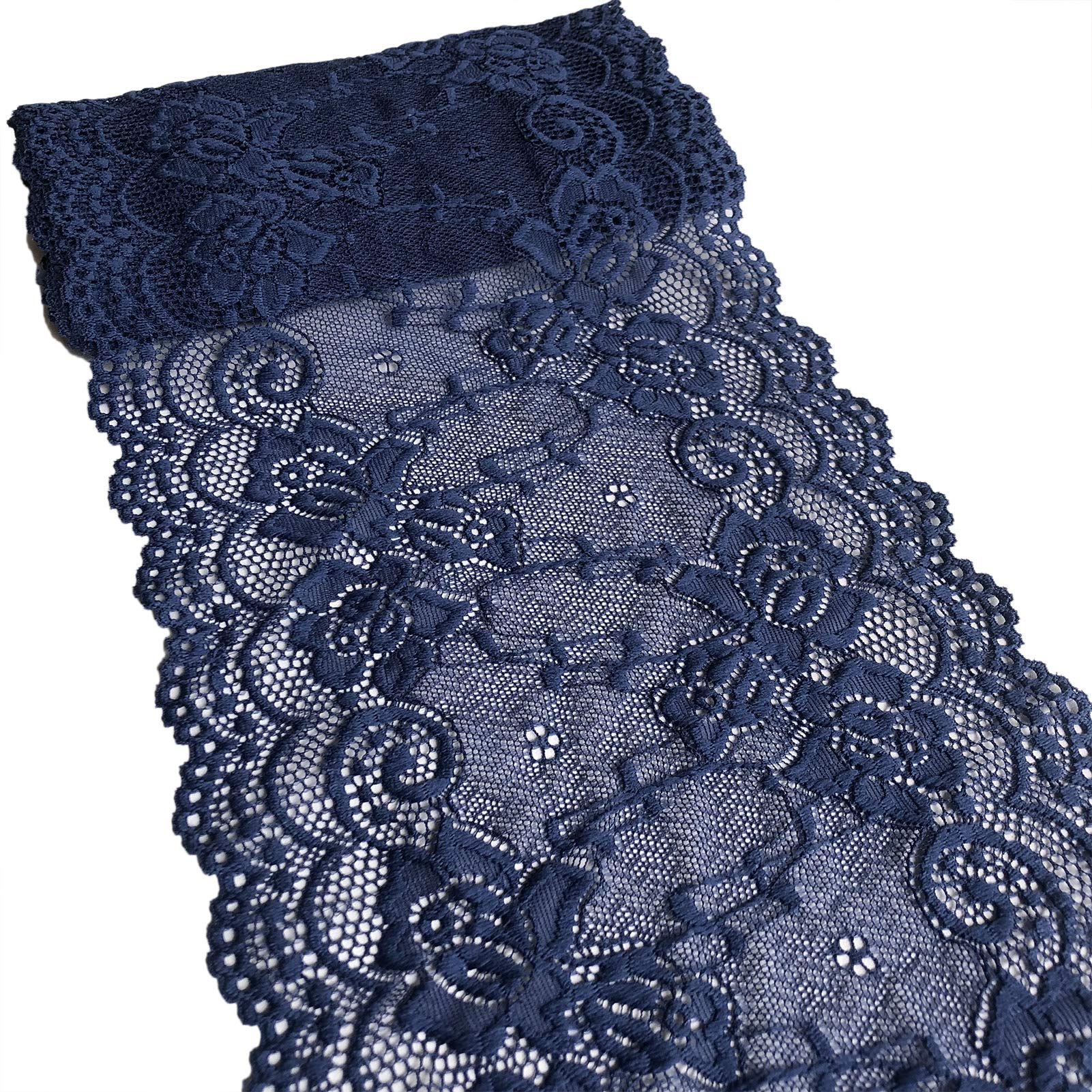 LaceRealm 7 Inch Wide Floral Stretchy Lace Elastic Trim Fabric for Garment & DIY Craft Supply- 5 Yard (7018 Navy)