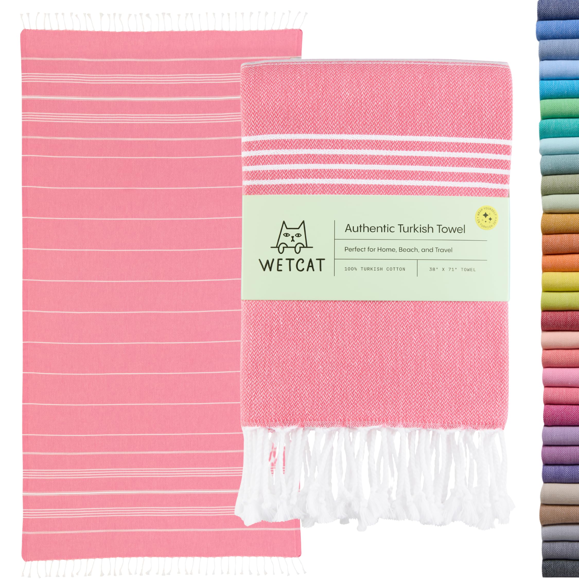 WETCAT Turkish Beach Towel Oversized (38"x71") 100% Turkish Cotton, Made in Turkey - Sand Free, Extra Large, Ultra Soft, Quick Drying, Compact & Lightweight for Travel - Pink — image 1
