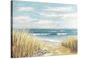 ARTISTIC PATH Abstract Beach Painting Wall Art: Seashore Artwork Hand Painted Coastal Picture on Canvas for Office (45" W x 30" H, Multi-Sized)
