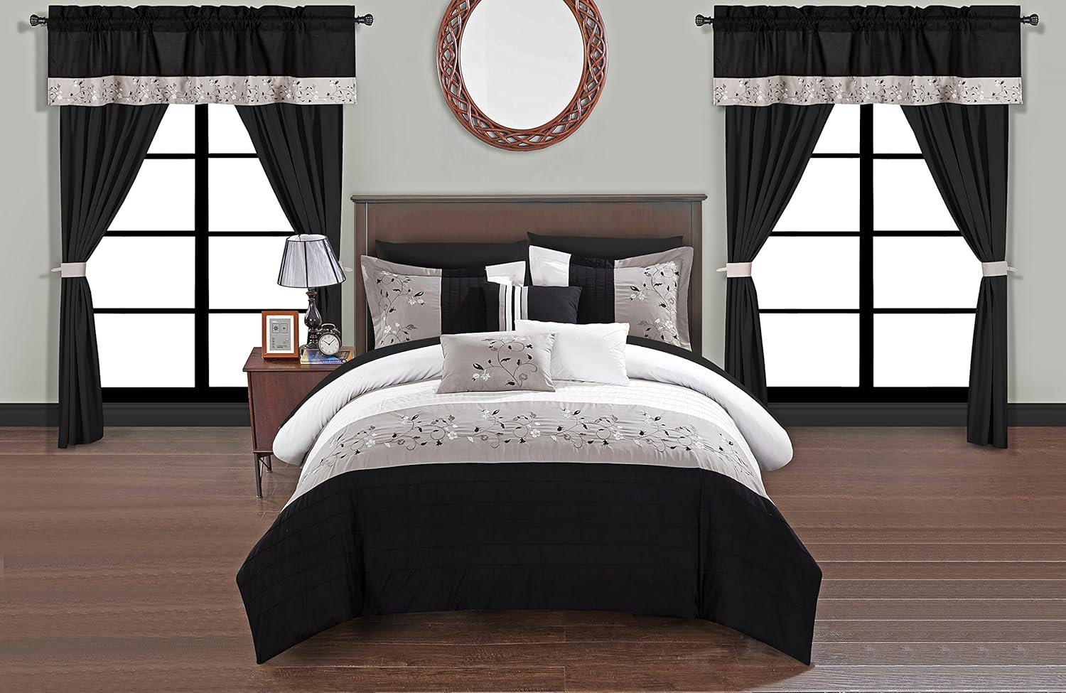 Chic Home Sonita 20 Piece Comforter Set Color Block Floral Embroidered Bag Bedding, Queen, Black
