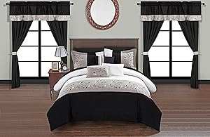 Chic Home Sonita 20 Piece Comforter Set Color Block Floral Embroidered Bag Bedding, Queen, Black