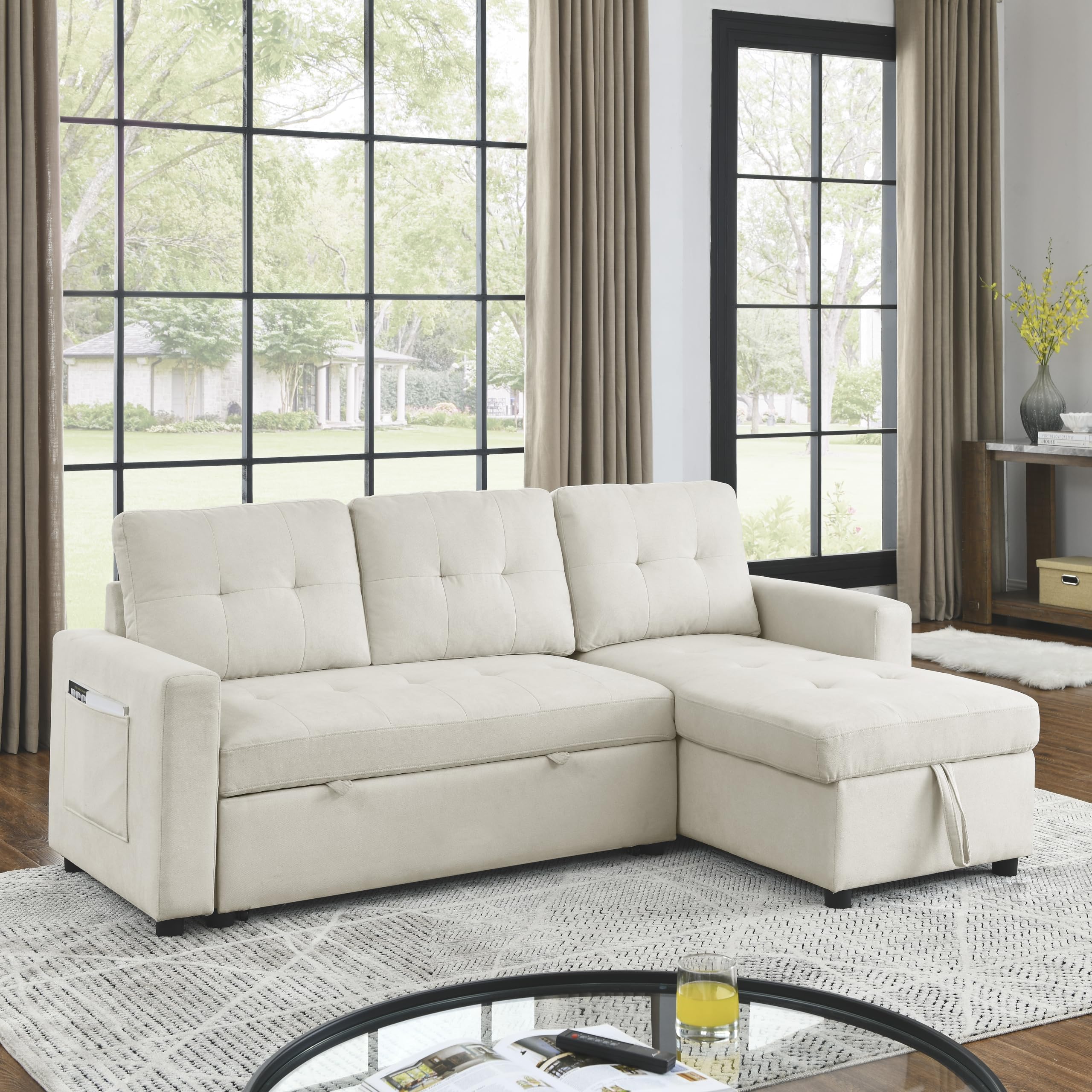 Photo 1 of L-Shaped Reversible Sleeper Sectional Sofa Pull Out Couch Bed , Button Tufted Linen Convertible Pullout Sofabed with Storage Chaise Lounge and Detachable Cushion Back for Living Room Apartment Corner