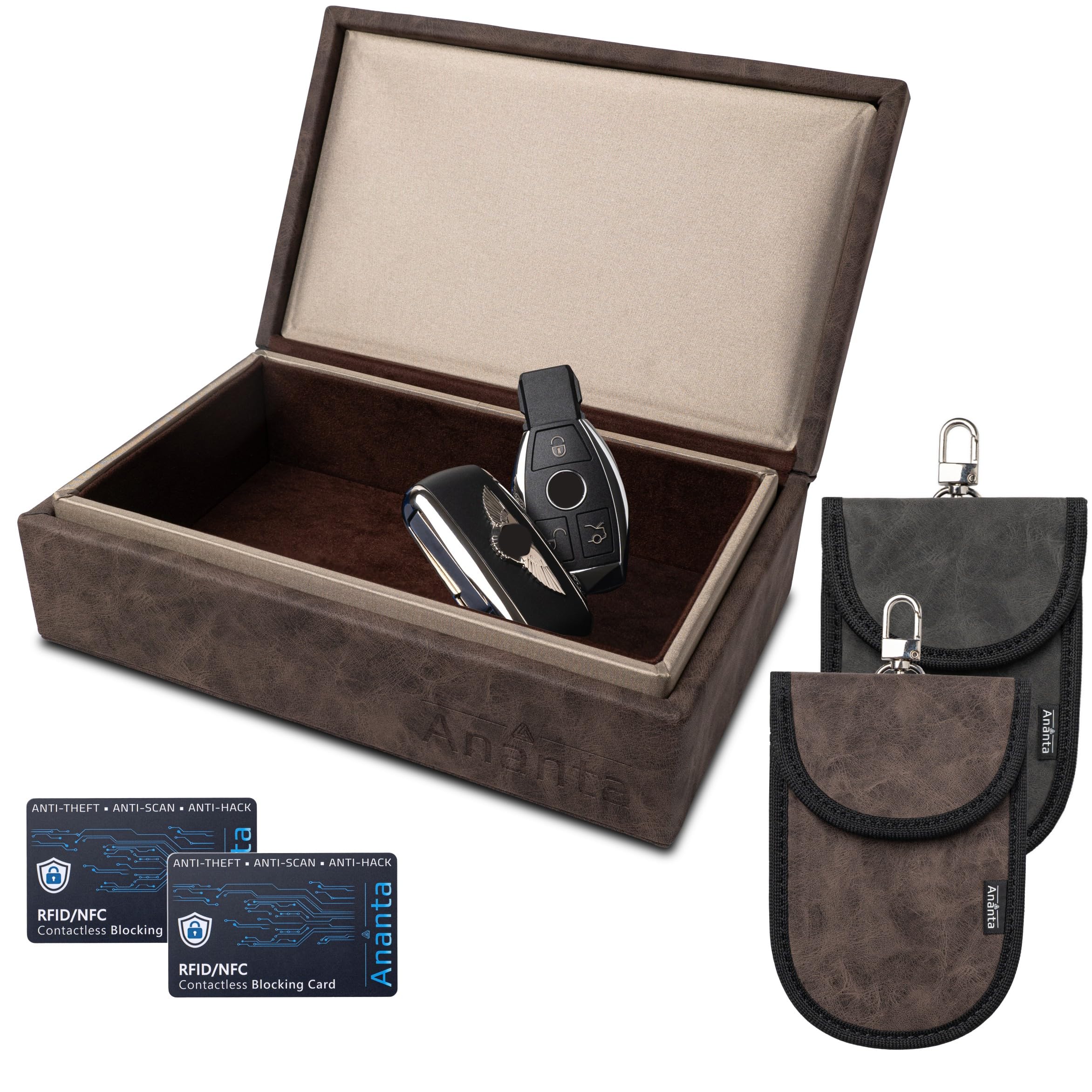 Ananta Faraday Box for Car Keys – Luxury RFID Signal Blocking Key Box, Magnetic Close, Twin Faraday Pouches & RFID Cards (Brown)