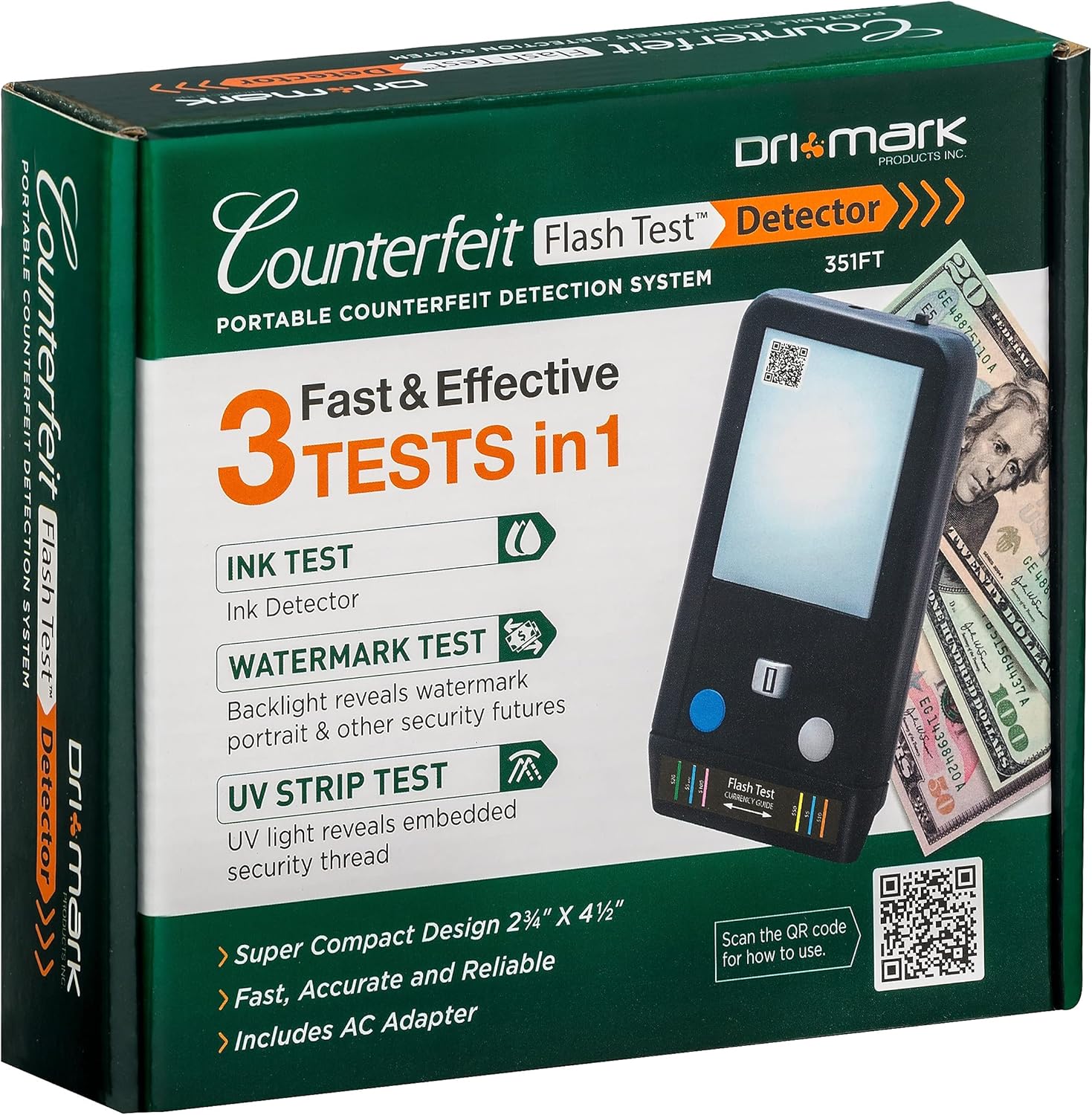 Dri Mark Flash Test Counterfeit Bill Detector, Smallest, Easiest Money Checker, Fake Currency Detection Machine, Ink, UV, and Watermark Flashtest : Office Products