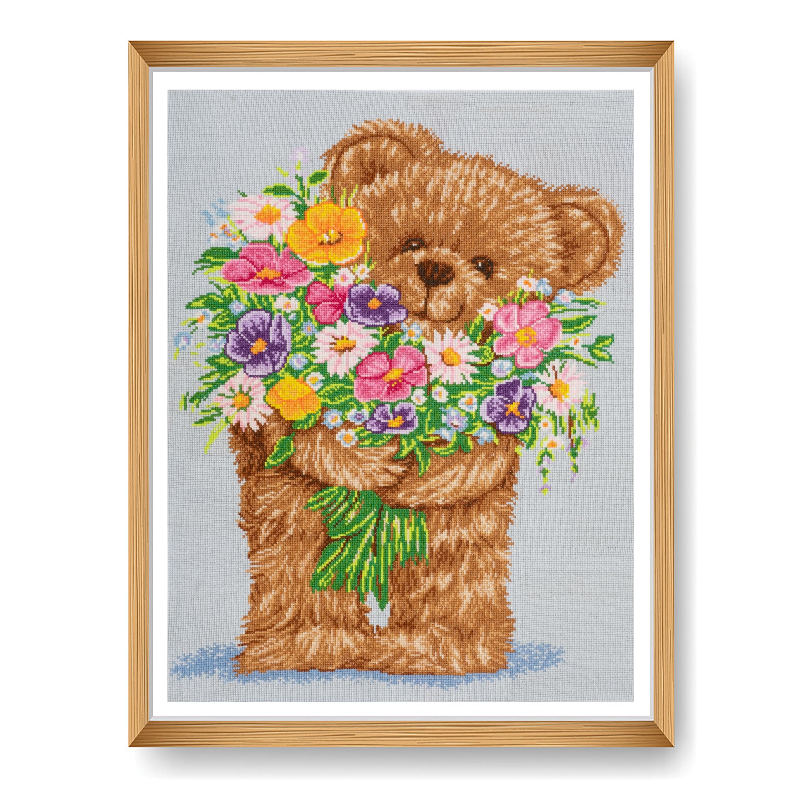 Trimits Large Cross Stitch Kits - Counted Embroidery Needlework for Adults Beginners Kids, Christmas Gifts Wall Art, (Frame Not Included) 14 Count, Teddy