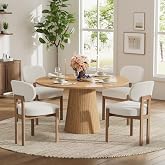 HAIZAO 5-Piece Round Dining Table Set for 4, 47" Oak Dining Table + Beige Chenille Upholstered Dining Chairs with Light Oak Legs for Kitchen, Dining Nook &amp; Small Spaces