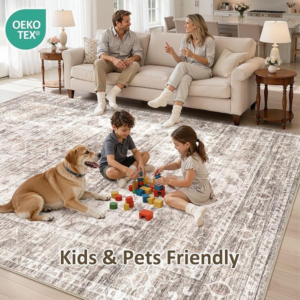ELLIUNE WASHABLE AREA RUGS 6X9, SOFT LARGE 6X9 RUGS FOR LIVING ROOM NON-SLIP VINTAGE BROWN INDOOR CARPET STAIN RESISTANT RUGS FOR DINING ROOM BEDROOM NURSERY KID & PET FRIENDLY