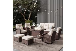 LayinSun 10 Pieces Outdoor Patio Furniture Set with Fire Pit Table, Rattan Wicker Sectional Swivel Rocker Chairs Sets