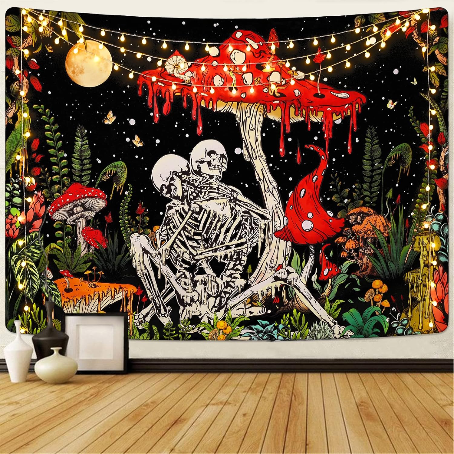 Tapestries - Uspring Skull Mushroom Tapestry Skeleton Lovers Tapestries Vintage Plants Tapestry Moon Garden Galaxy Tapestry Gothic Wall Tapestry for Bedroom Aesthetic Decor (51.2 x 59.1 inches)