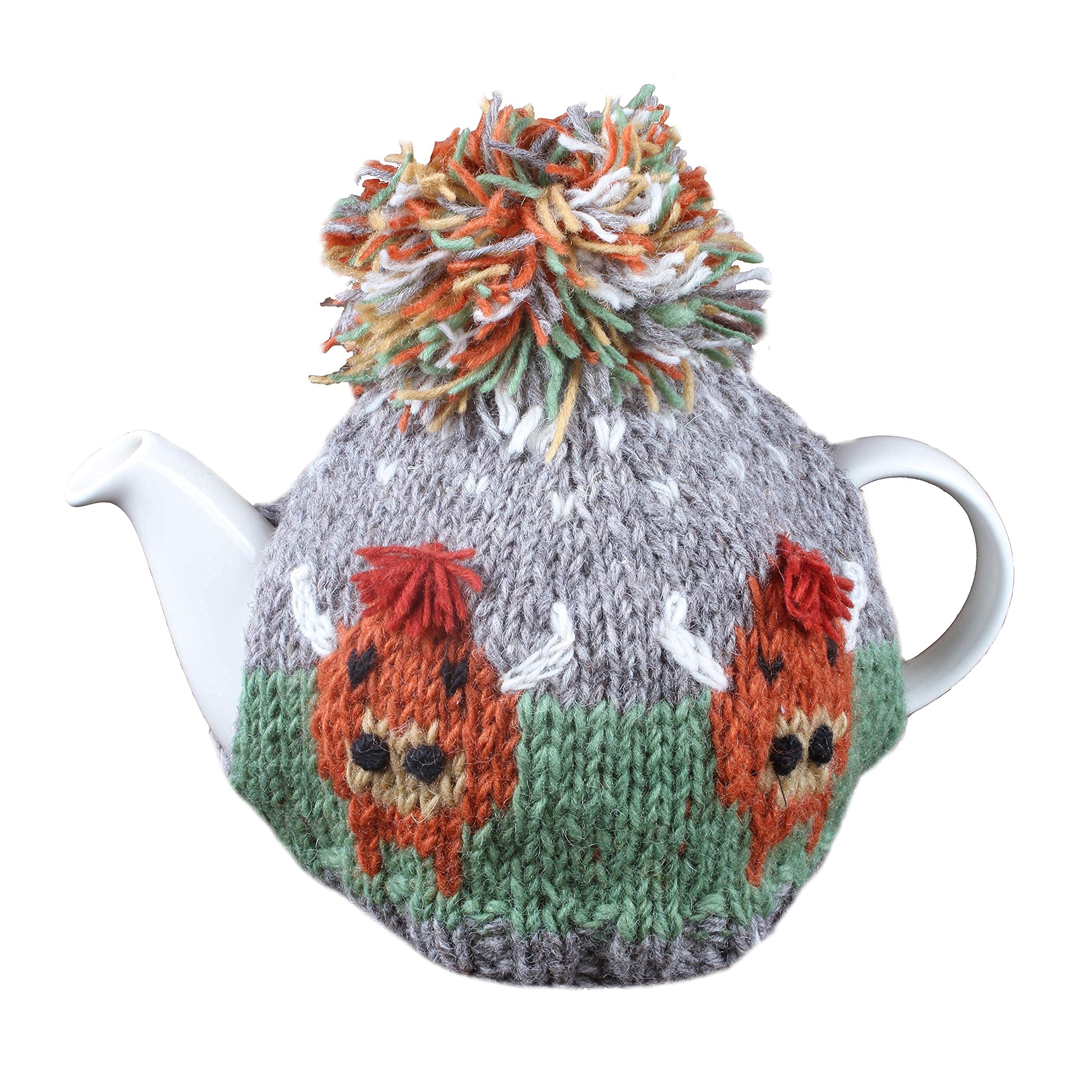 Pachamama Handknitted Medium 4-6 Cup 1.2L Wool Tea Cosy/Teapot Cover - Highland Cow Pattern Insulated Handmade Fair Trade Multicoloured